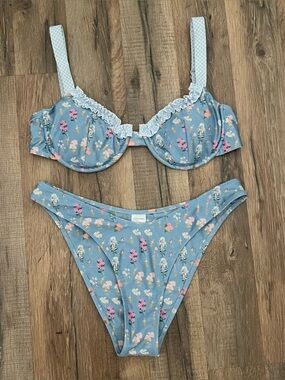 Strawberry Milk Mob Brad’s Favorite Blue Ruffle Floral Bikini Two Piece